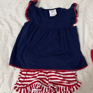 Stitchy Navy Blue Baby with Red Trim & Ruffle short set -3T EUC